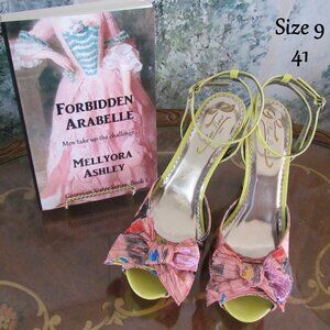 POETIC LICENSE SHOES, 9; 41, PINK & YELLOW BOWS, PLATFORM ANKLE STRAP 5" HEELS